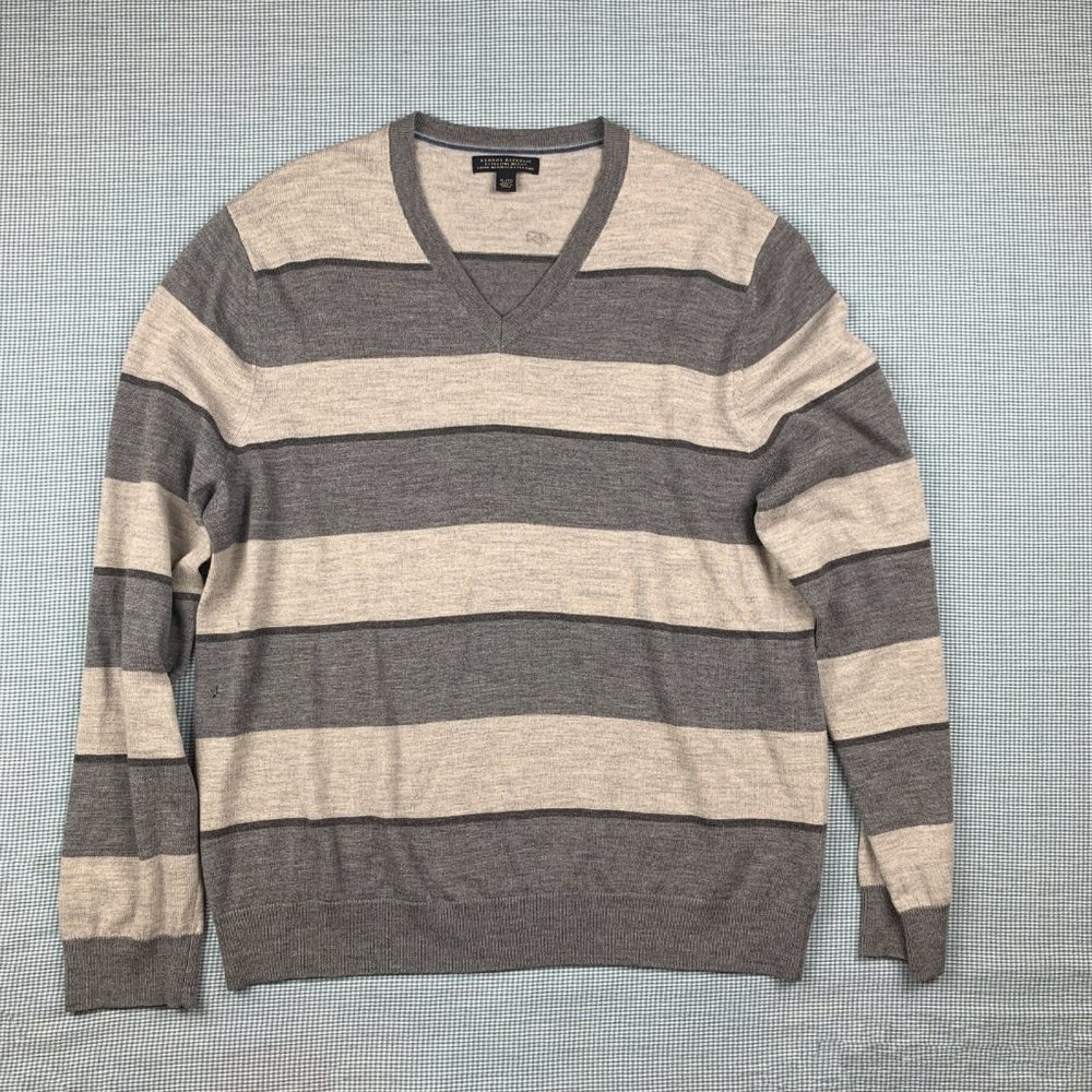 MEN'S XL Grey Striped Sweater / Banana Republic Merino WOOL V-Neck Pullover /